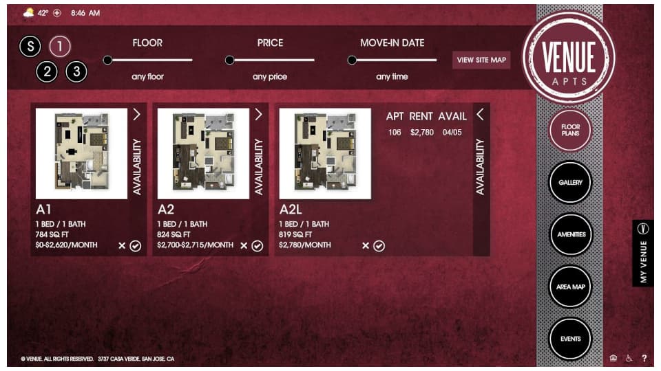 Venue Apartments Site Map Screen